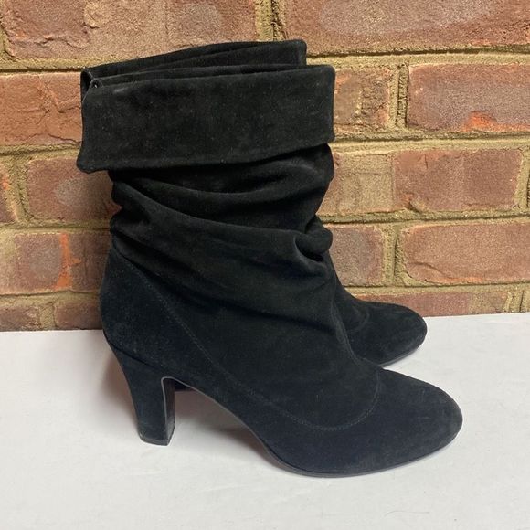 Nine West Black Leather Suede Slouch Heeled Boot Size 9 - Picture 1 of 9